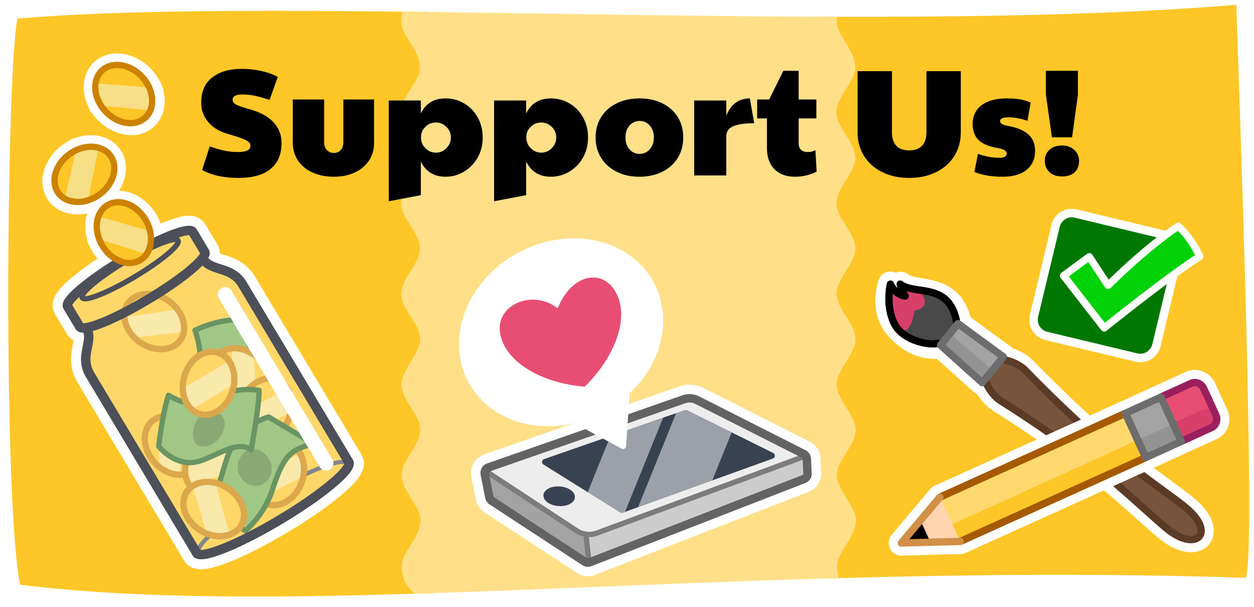An illustrated header showing a coin jar, a heart emoji, and a pencil and paintbrush